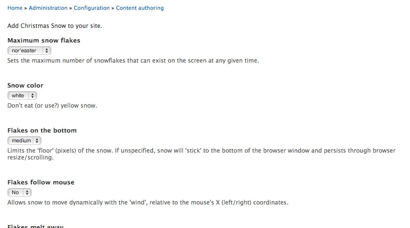 Screenshot of Christmas Snow configuration options