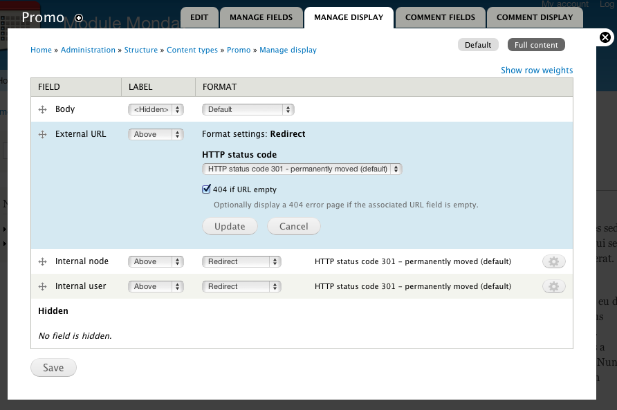 Screenshot of Field Redirection configuration screen