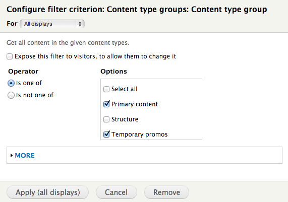 Picture of the Content Type Groups views filter page