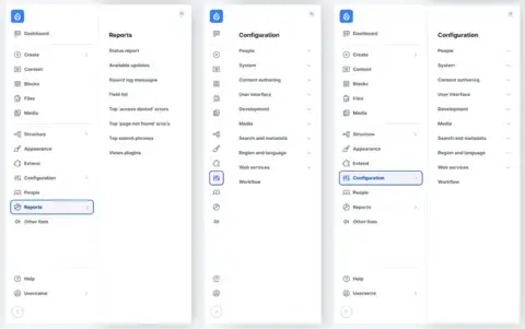 Admin UI with drawer extension on hover