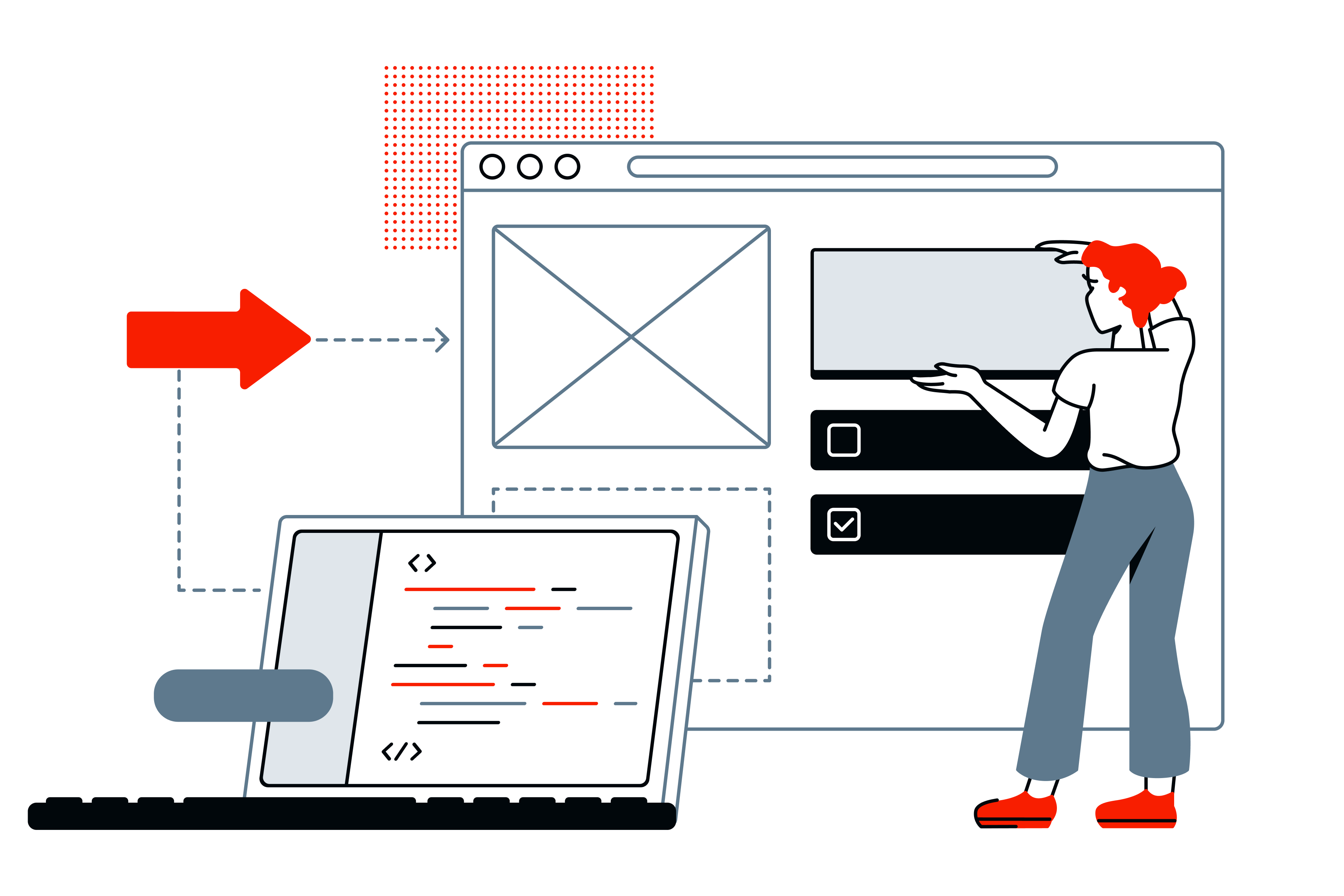 Illustration of a person building a website interface, arranging content blocks on a browser window while code appears on a laptop, with arrows and shapes representing workflow and system connections.