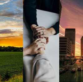 A three-panel image showing an Iowa landscape at sunset, hands reaching out in support, and a city street at dusk, representing community, care, and urban life across the state.