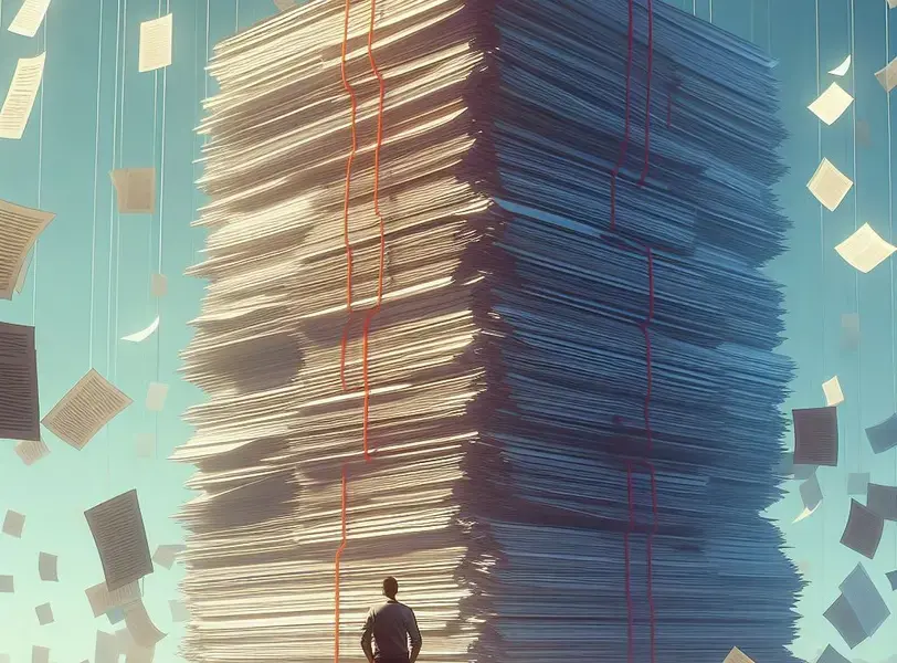 A man looking up at a tall stack of giant paper.