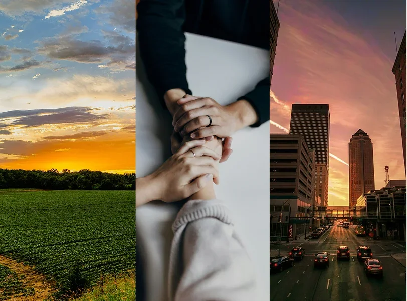A three-panel image showing an Iowa landscape at sunset, hands reaching out in support, and a city street at dusk, representing community, care, and urban life across the state.