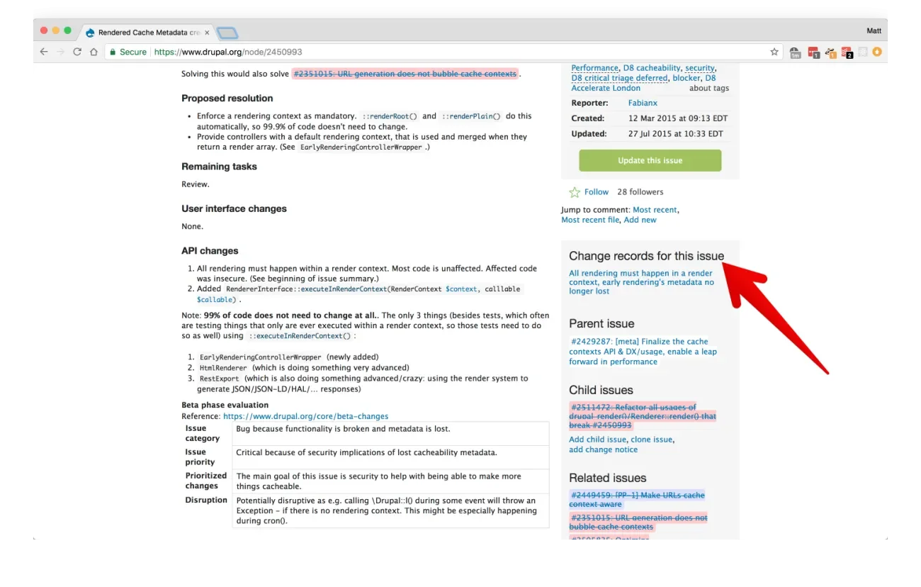 Showing a Drupal core issue with links to the corresponding change record in the sidebar