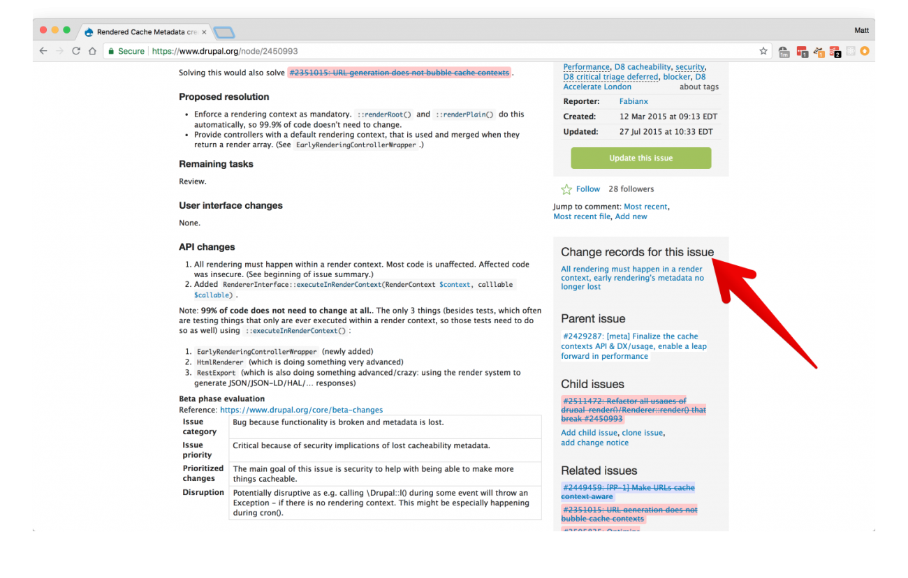 Showing a Drupal core issue with links to the corresponding change record in the sidebar