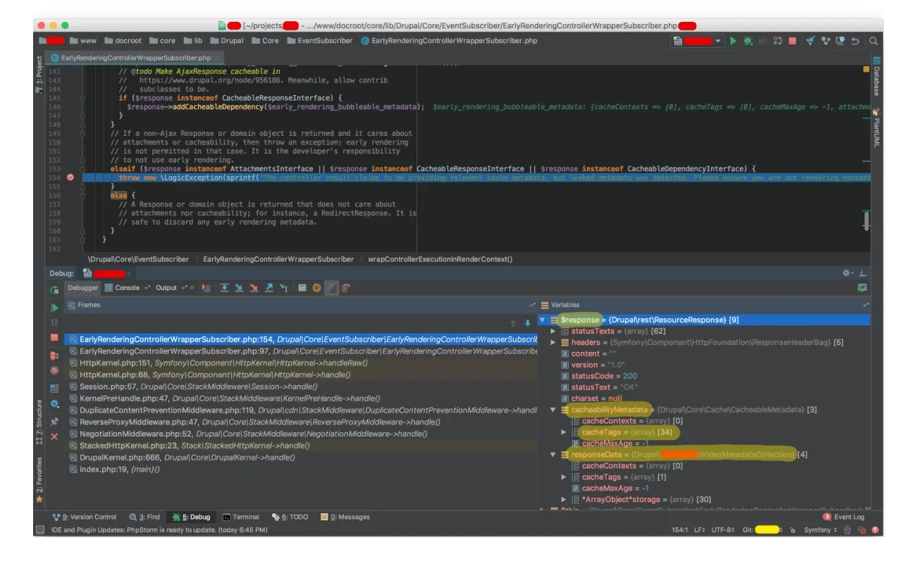 Xdebug screenshot showing expected domain object with cacheability metadata