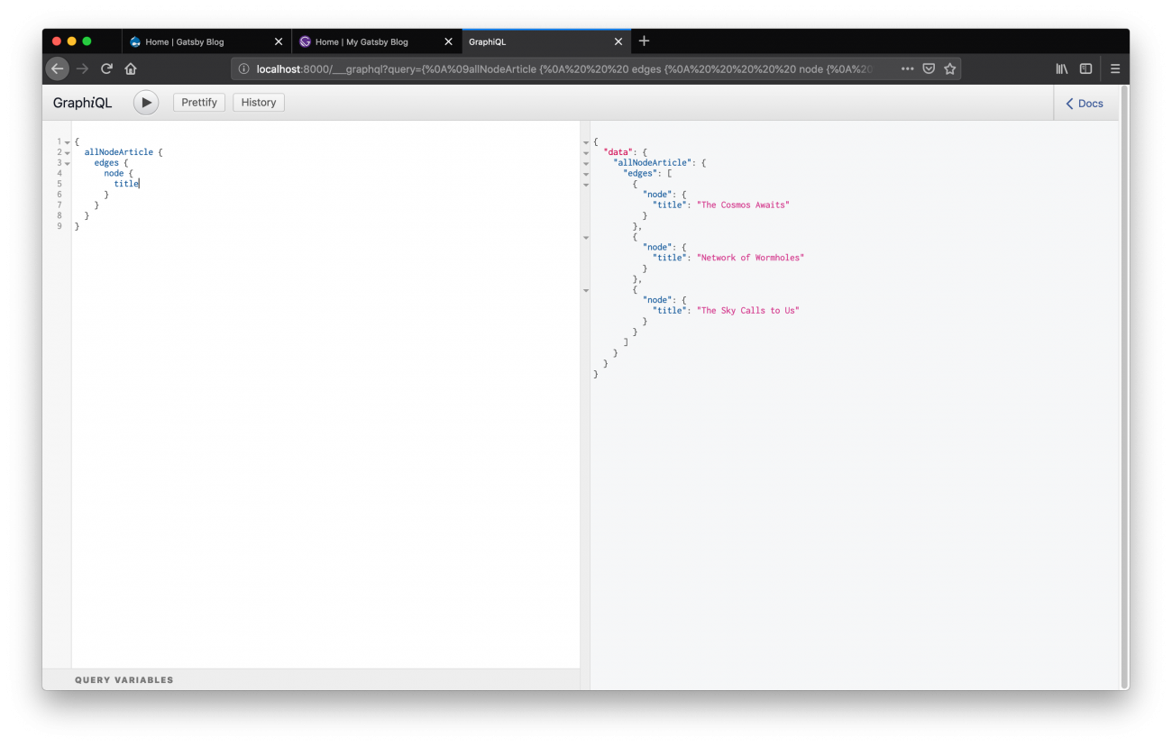 GraphiQL IDE showing article titles