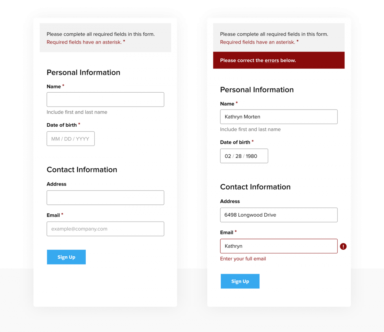 Default form vs error messaging