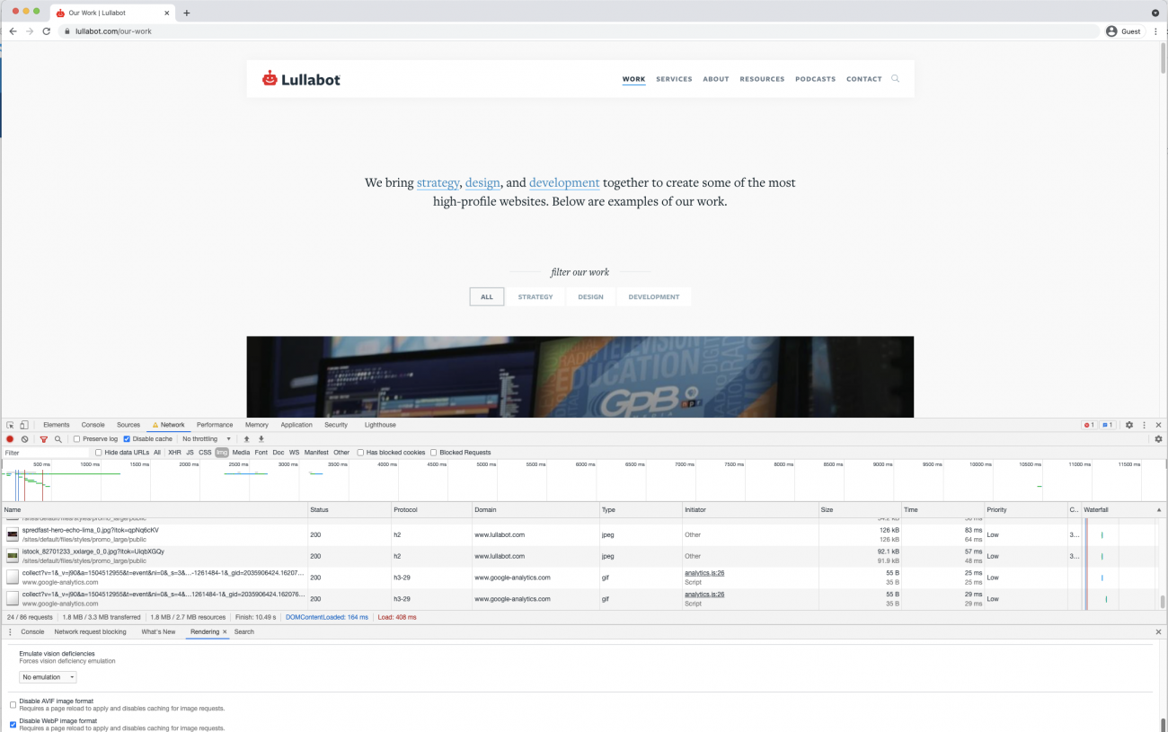 Chrome's performance tools showing Lullabot's Our Work page without Webp enabled