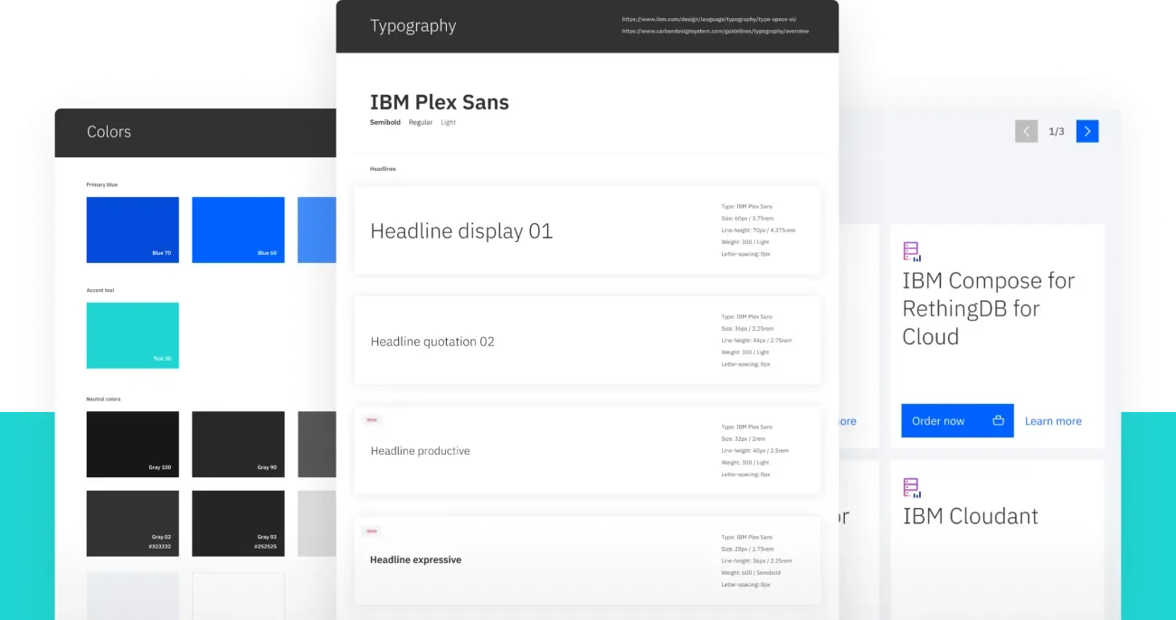 Design components for the IBM Cloud Selector Tool including fonts and a color palette.