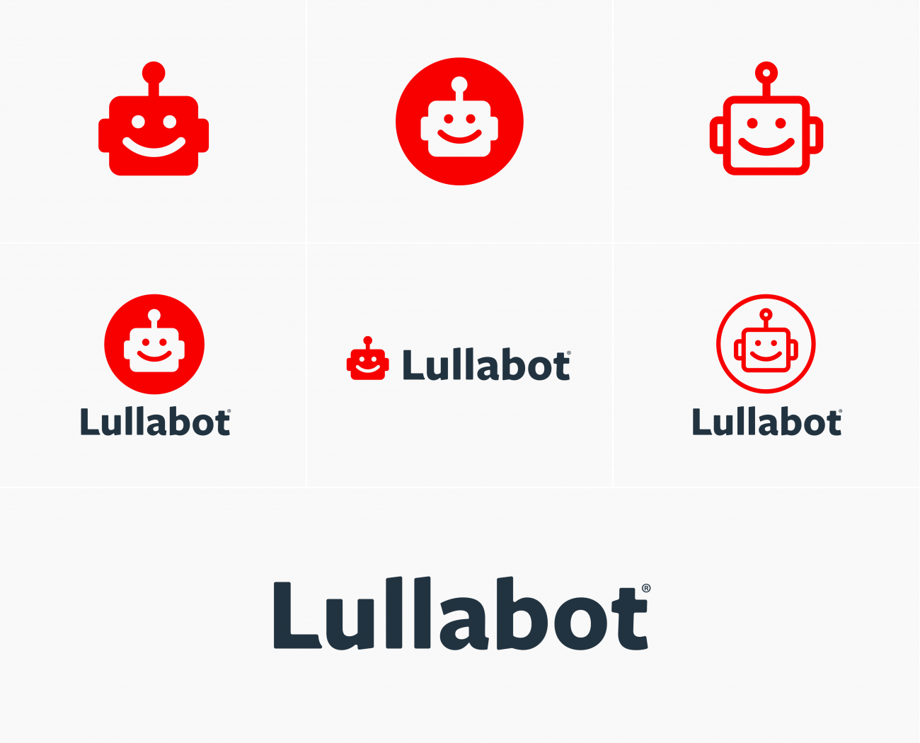 Various permutations of the Lullabot identity including solid robot head, circle with robot head inside, lullabot text, and outlines