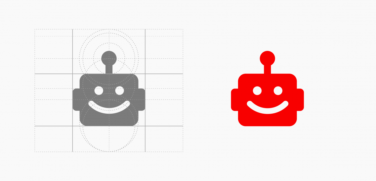 Lullabot's new logo design showing the robot head in gray and red. The gray version has dotted lines showing relationships with other elements