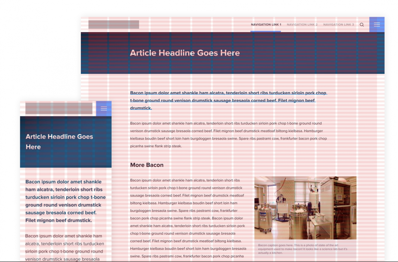 A grid system for desktop and mobile, being shown as pink bars over design mockups