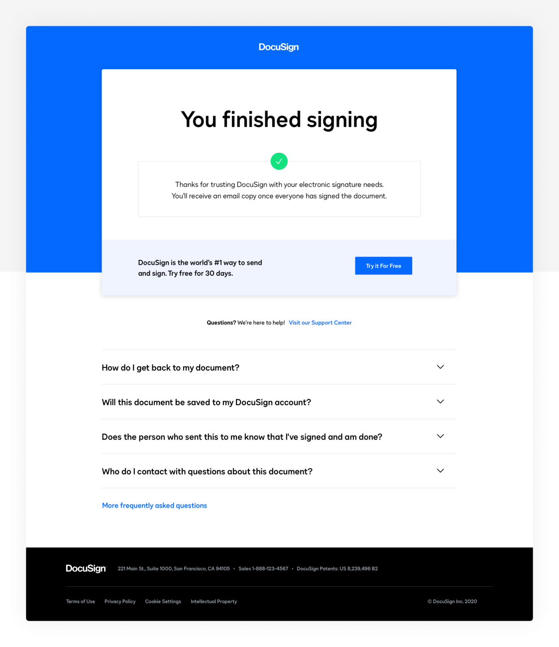 DocuSign post-sign landing page mockup that says, "You finished signing," and includes FAQs and a button to sign up for free.