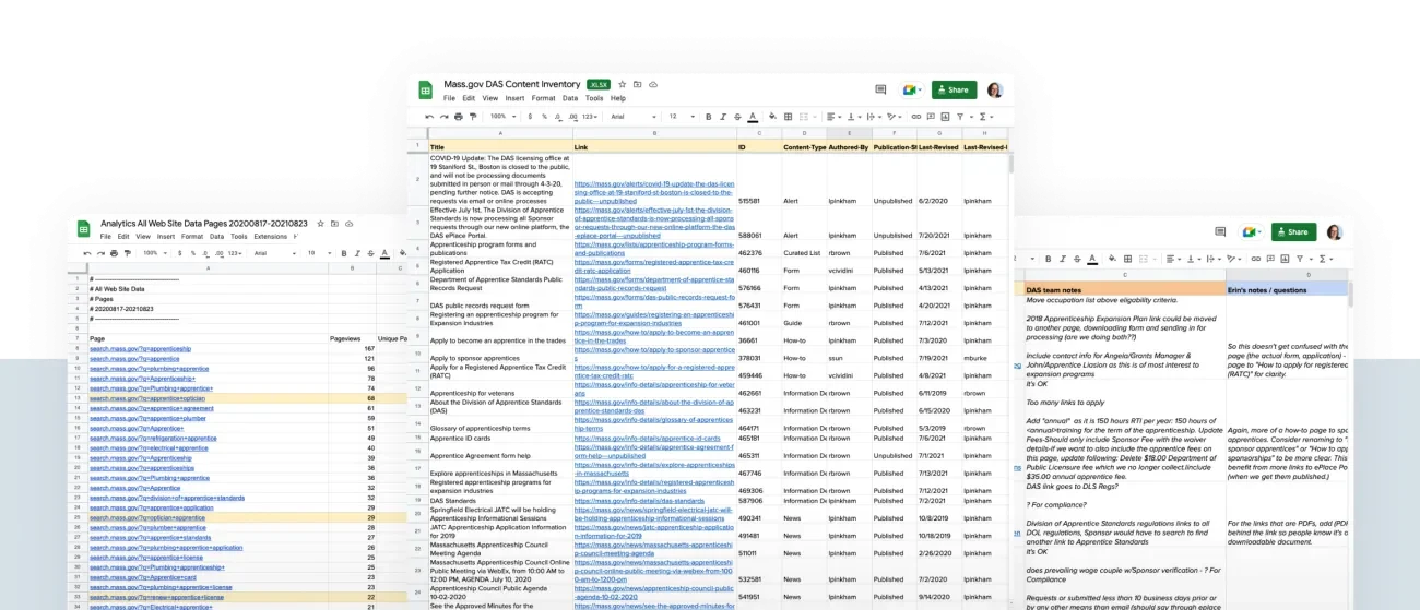 Spreasheets showing content inventory