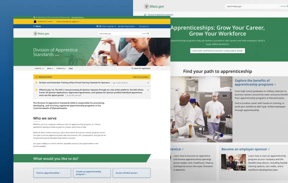 DAS homepage and internal page screenshot