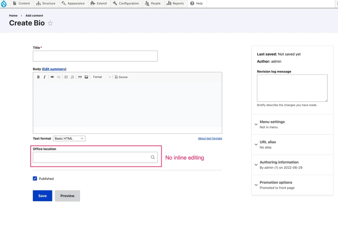New bio node form, with office location field highlighted, with no inline editing enabled.