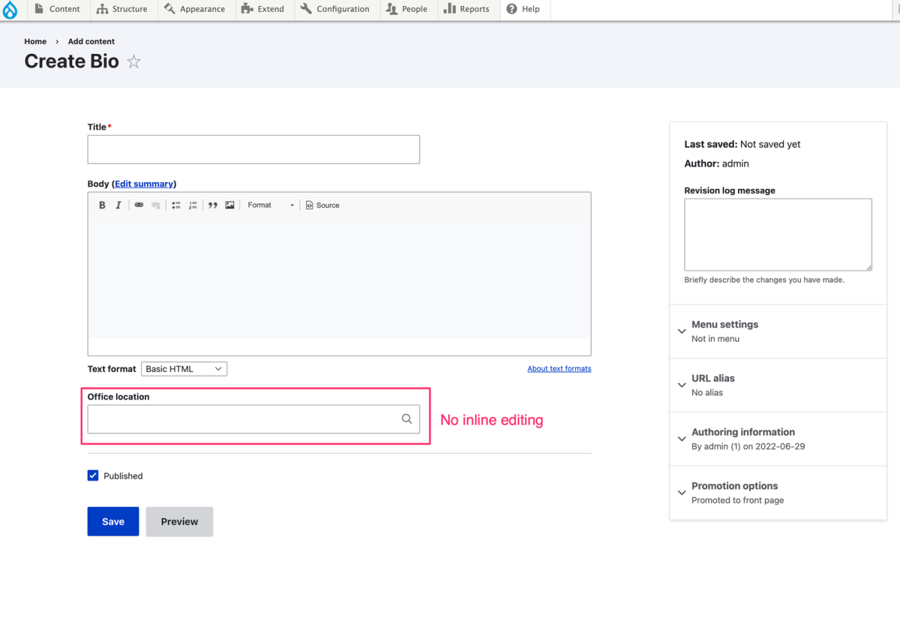 New bio node form, with office location field highlighted, with no inline editing enabled.