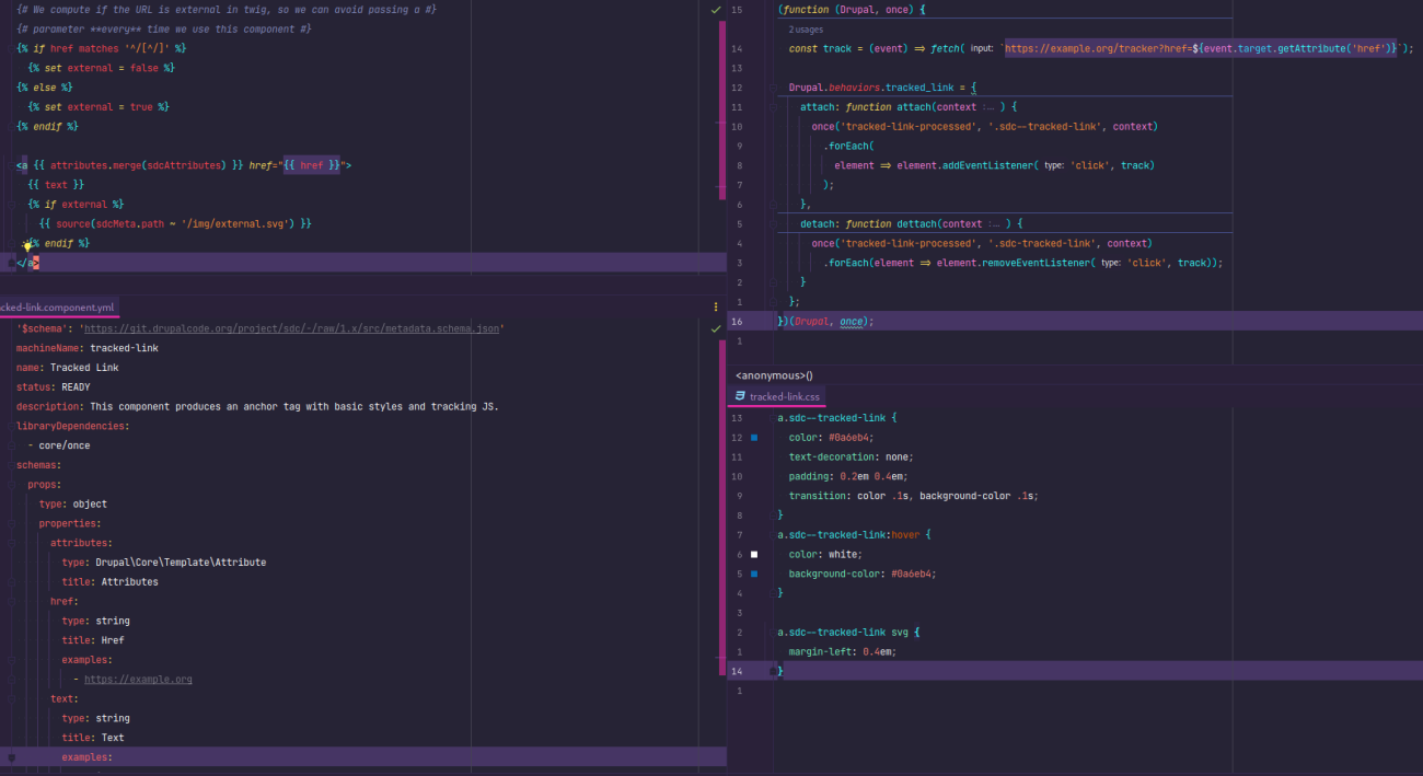 The yaml, javascript, css, and twig files for a single component