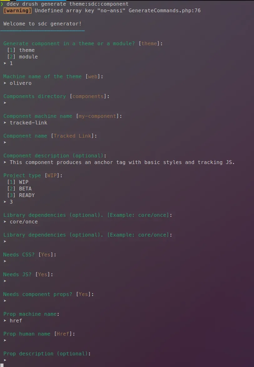 running the drush generate theme:sdc:component command and creating basic scaffolding