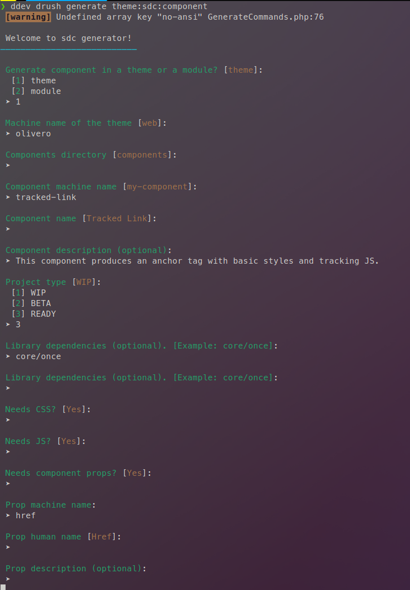running the drush generate theme:sdc:component command and creating basic scaffolding