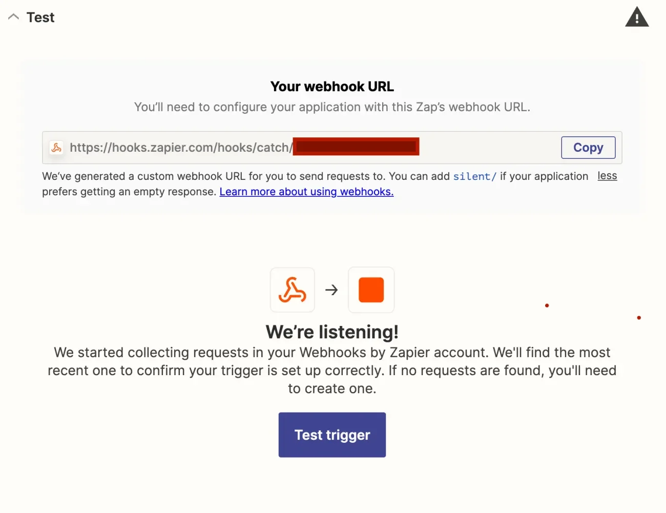 Zapier providing the webhook URL and saying that it is listening and ready