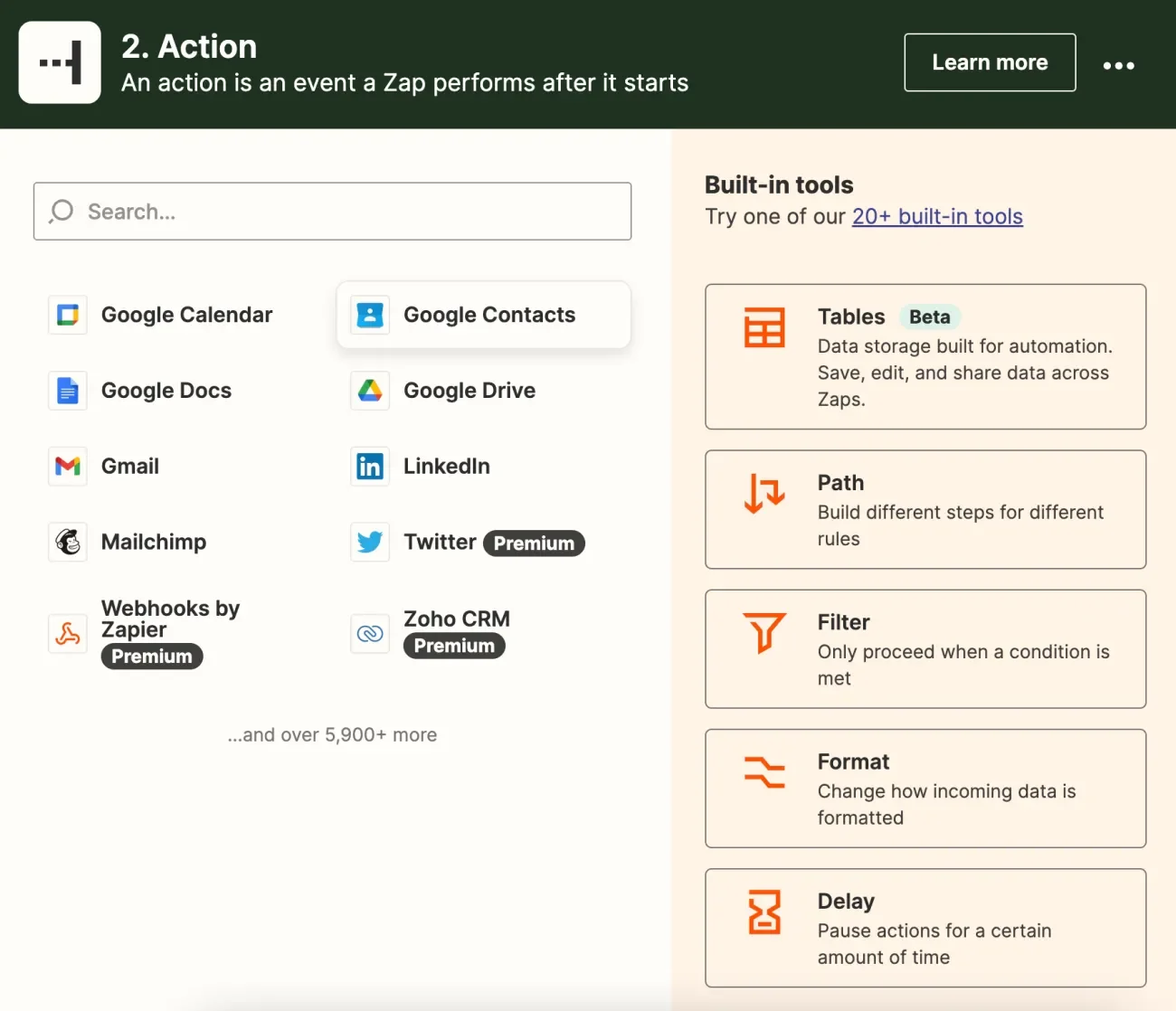 Action selection modal from Zapier