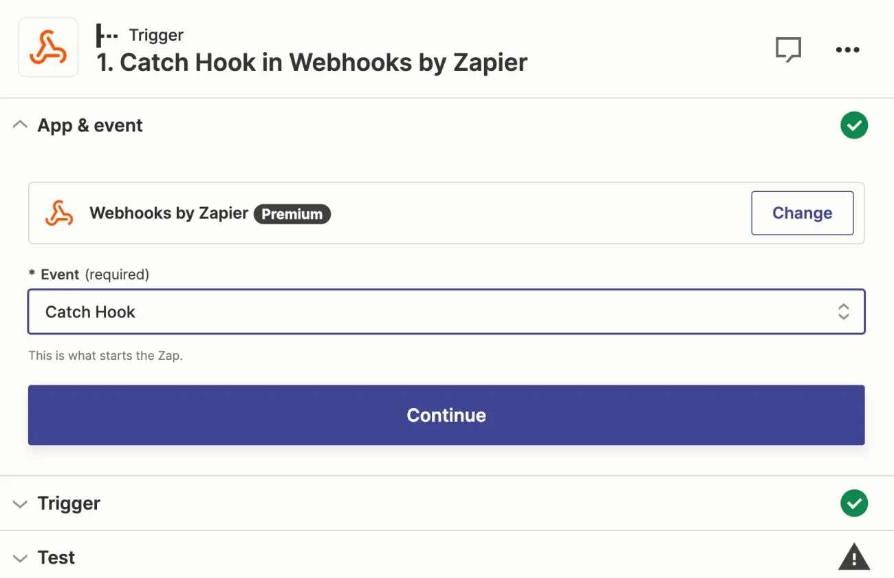 The first Webhooks setting screen on Zapier.