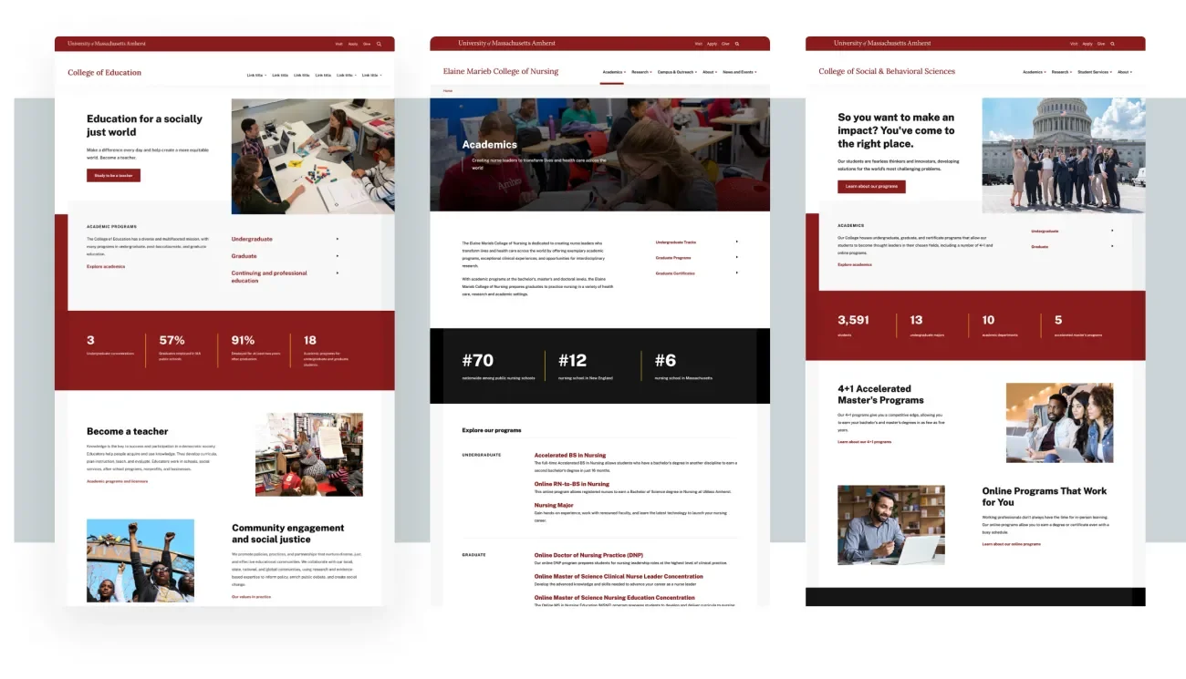 Website screen shots of UMass Amherst's College of Education, College of Nursing, and College of Social and Behavioral Sciences.