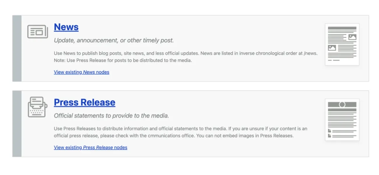 Choosing a content type, news or press release, with description and image thumbnail for each