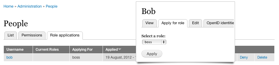 Screenshot of Apply for Role management screen
