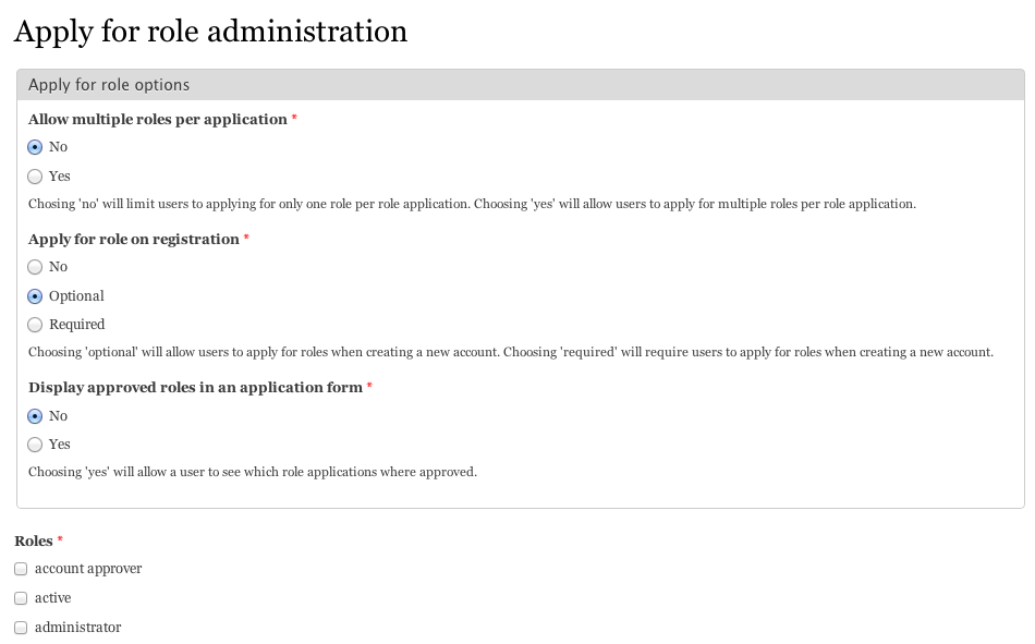 Screenshot of Apply for Role configuration form