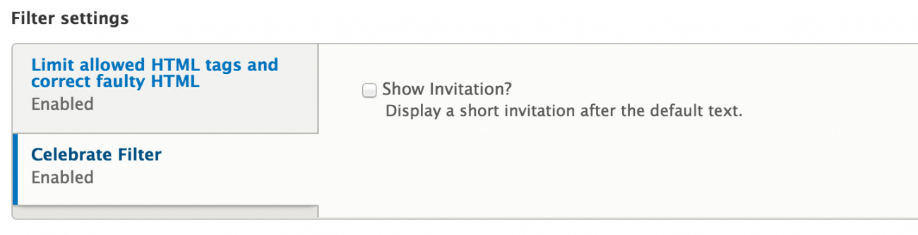 Settings form for the Celebrate Filter