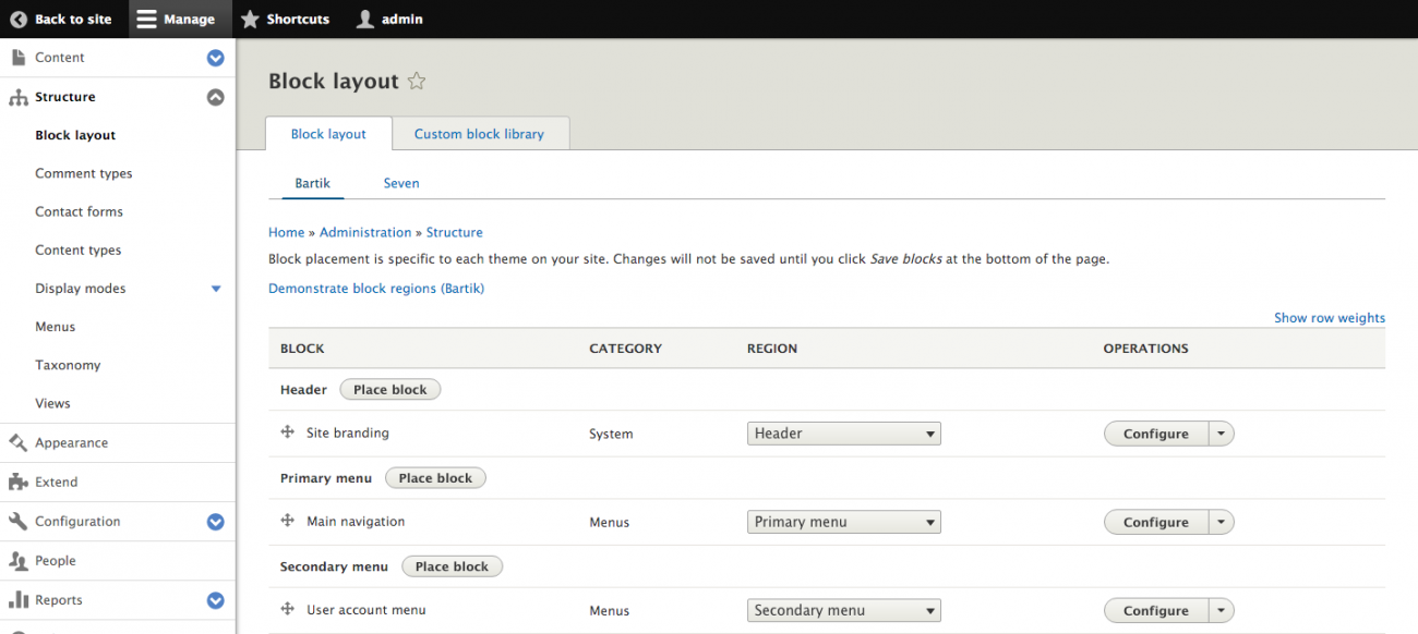 Admin screen to place blocks.