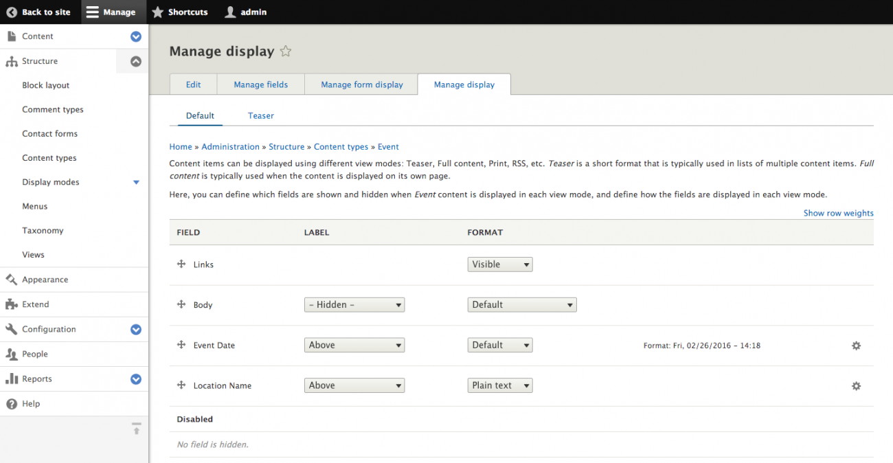 Admin screen to manage field display.