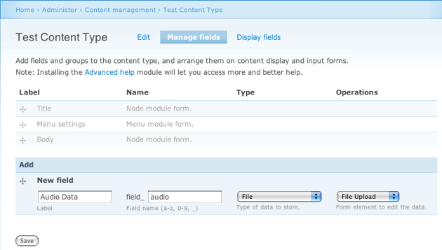 Drupal create audio field screenshot