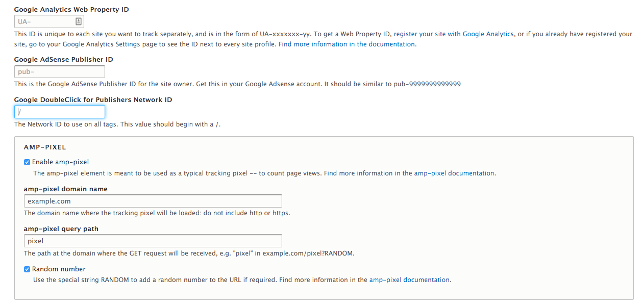 Options on the AMP configuration page for ads ands analytics