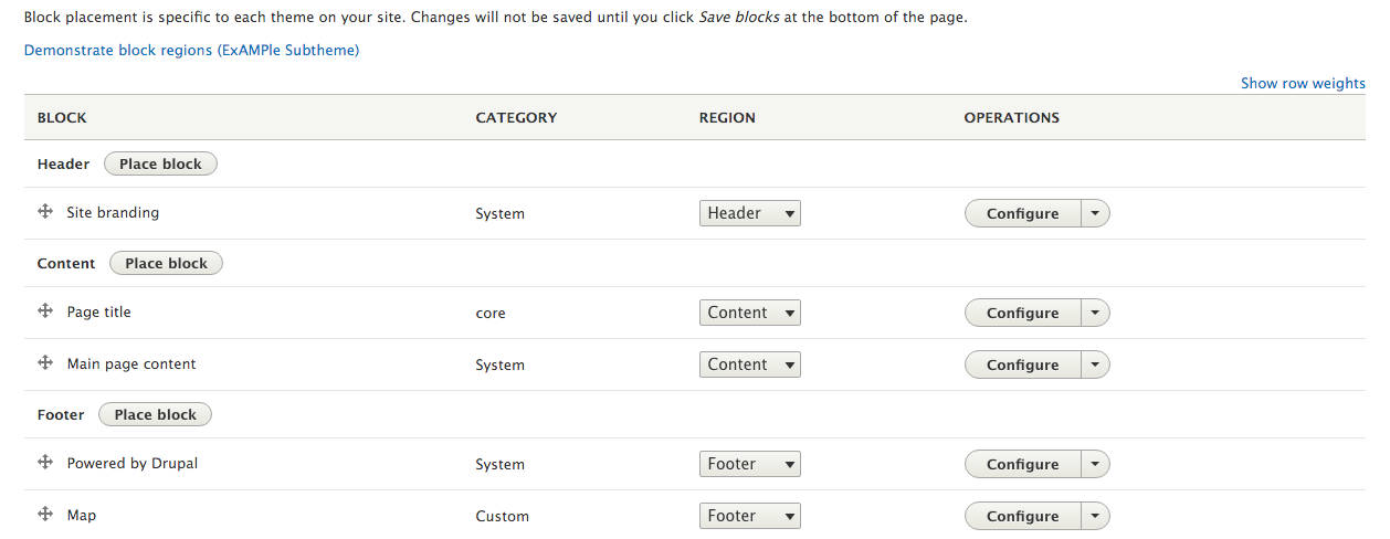 List of regions for the AMP theme, with only a few blocks placed in each region