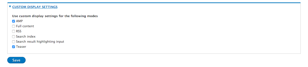 Custom display settings: checkboxes for each display mode, as well as Save button