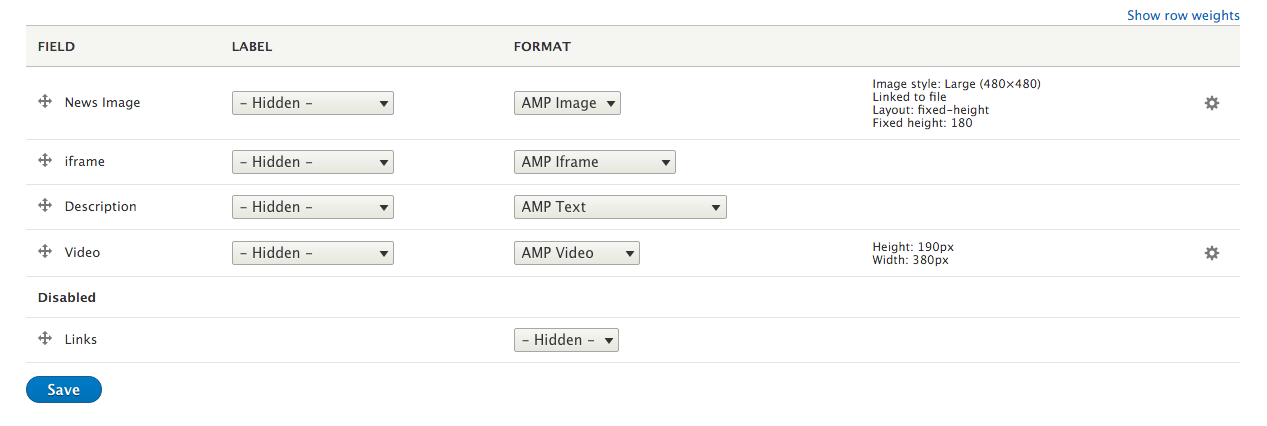 Field formatter settings for AMP display mode: list of fields and the AMP field formatters selected for each