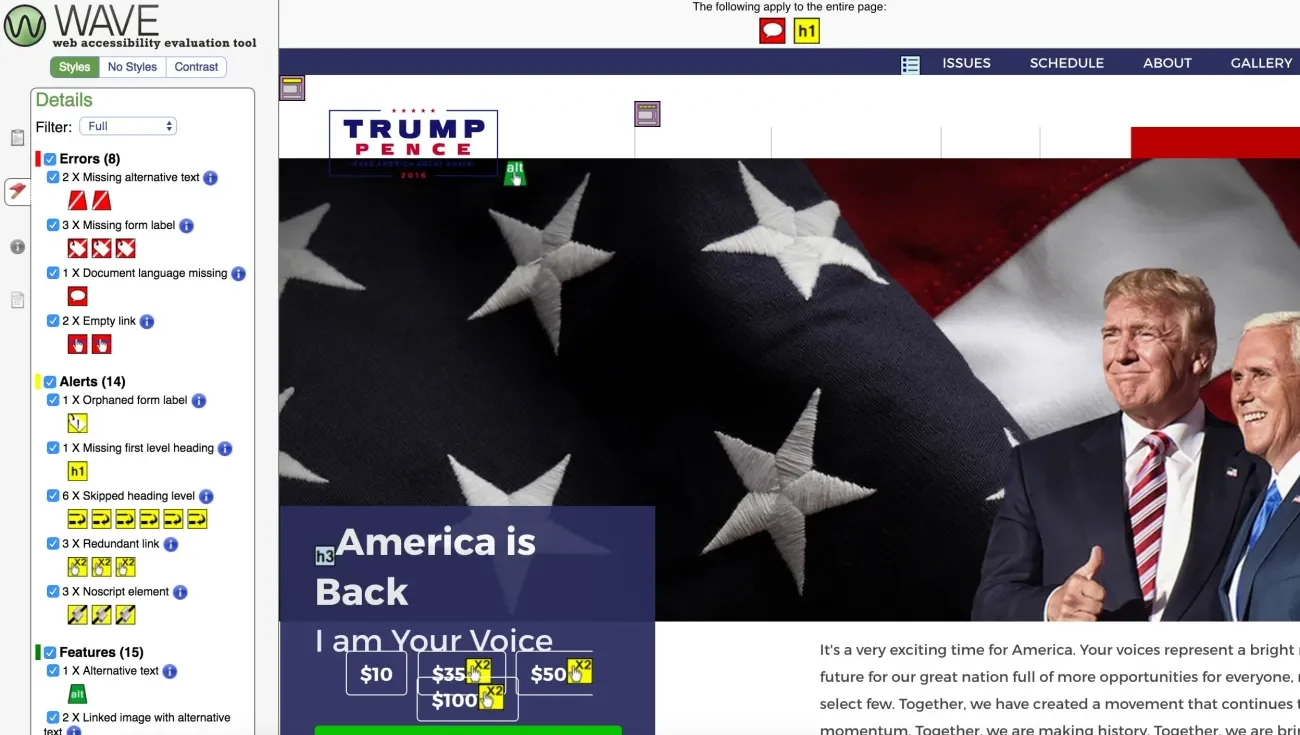 WAVE tool open on Trump's website