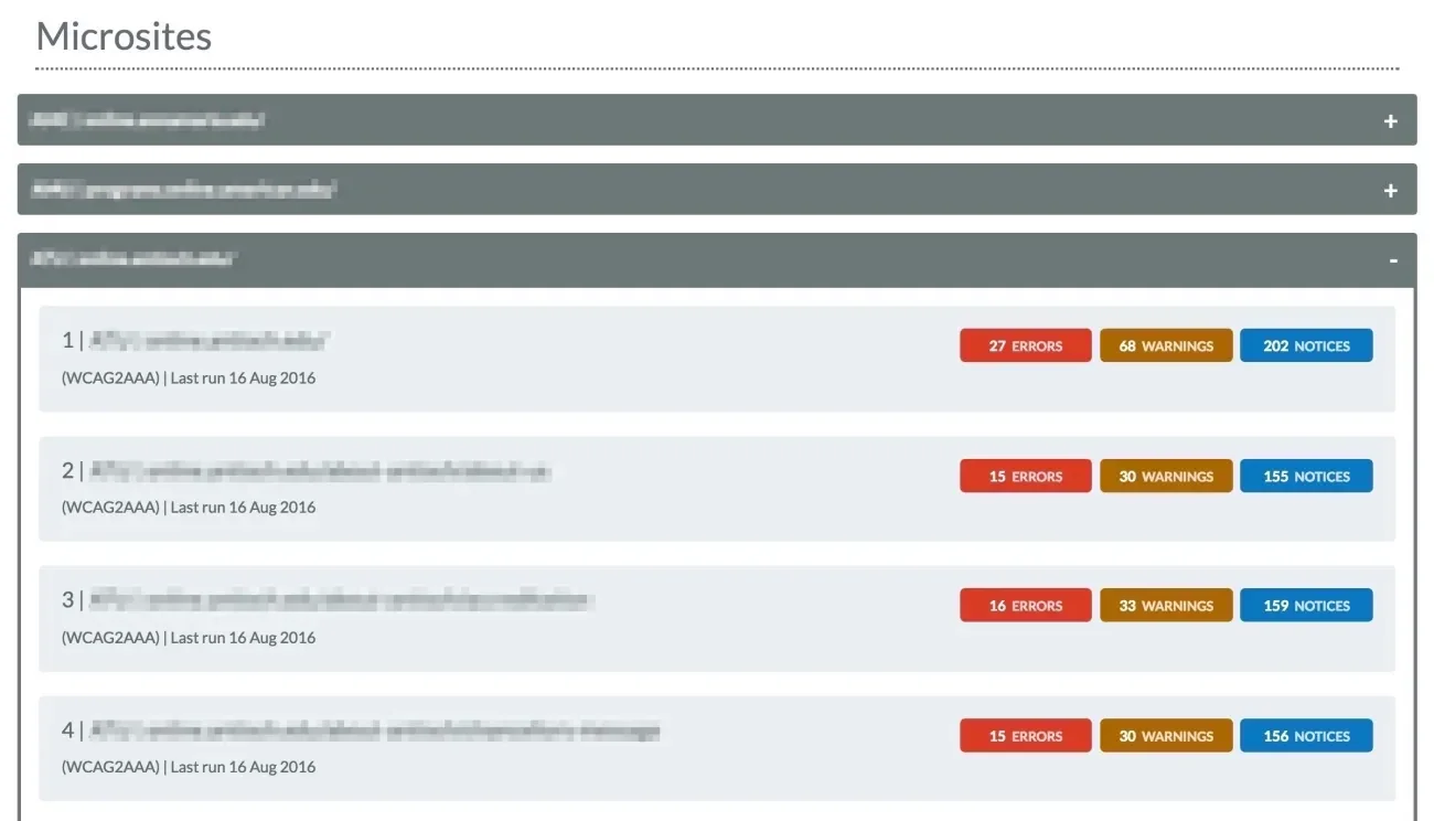 A screenshot of the micro sites task listing. Micro site pages are visually grouped together with a gray border and a heading describing the base URL of the micro site.