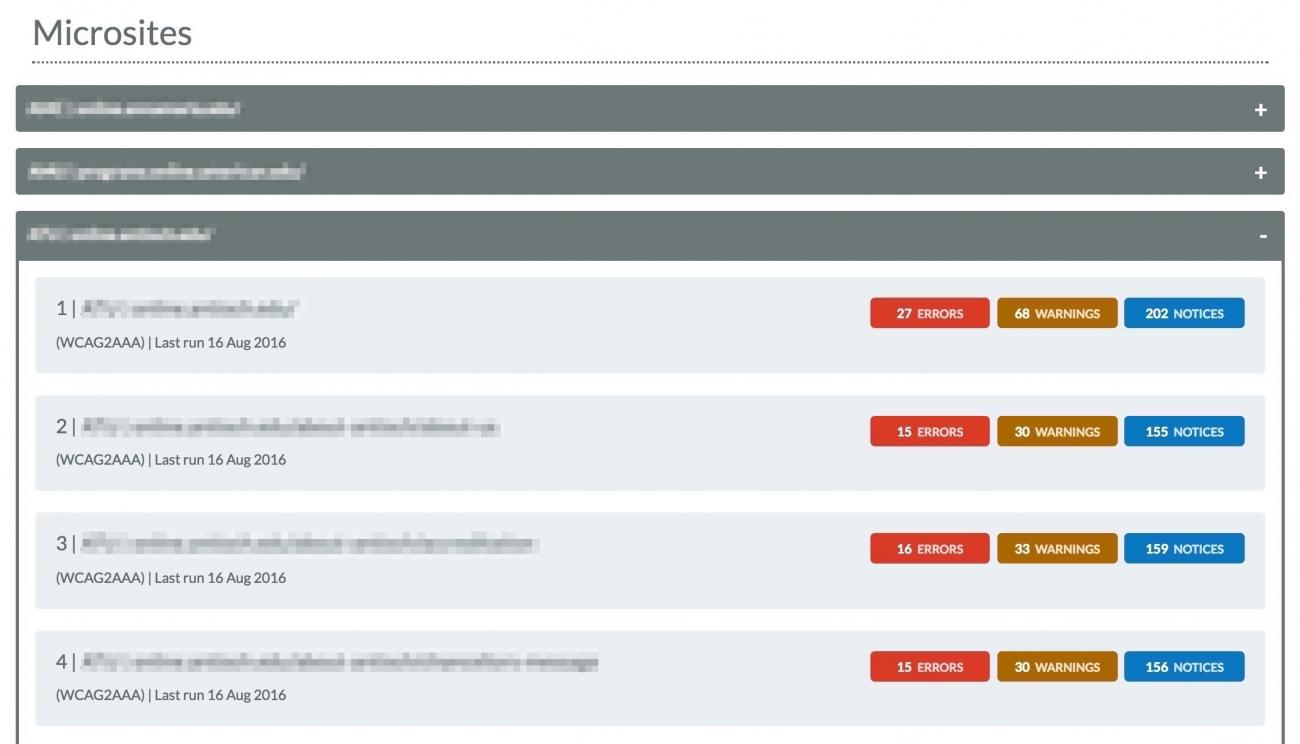 A screenshot of the micro sites task listing. Micro site pages are visually grouped together with a gray border and a heading describing the base URL of the micro site.