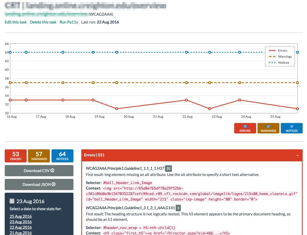 A screenshot of an individual task. It shows a list of errors, and a graph with the number of errors over time.