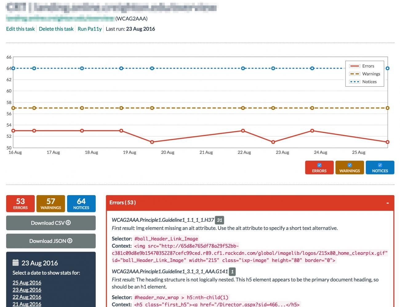 A screenshot of an individual task. It shows a list of errors, and a graph with the number of errors over time.