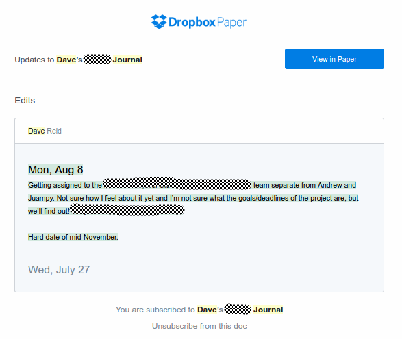 An email containing Dave's latest changes in his journal