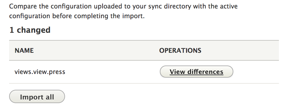 Drupal 8 configuration management admin screen
