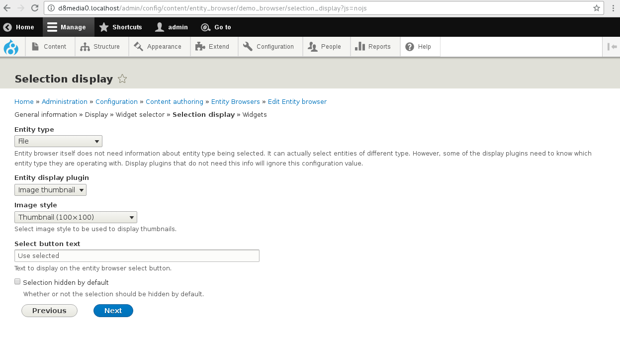 Selection display configuration