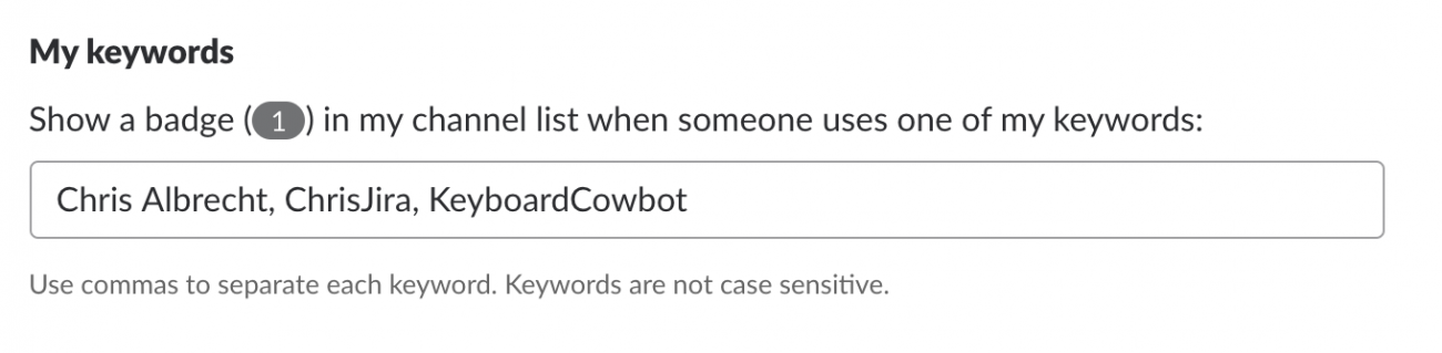 Screenshot of the Slack settings field showing variations on a user's name for alerts.